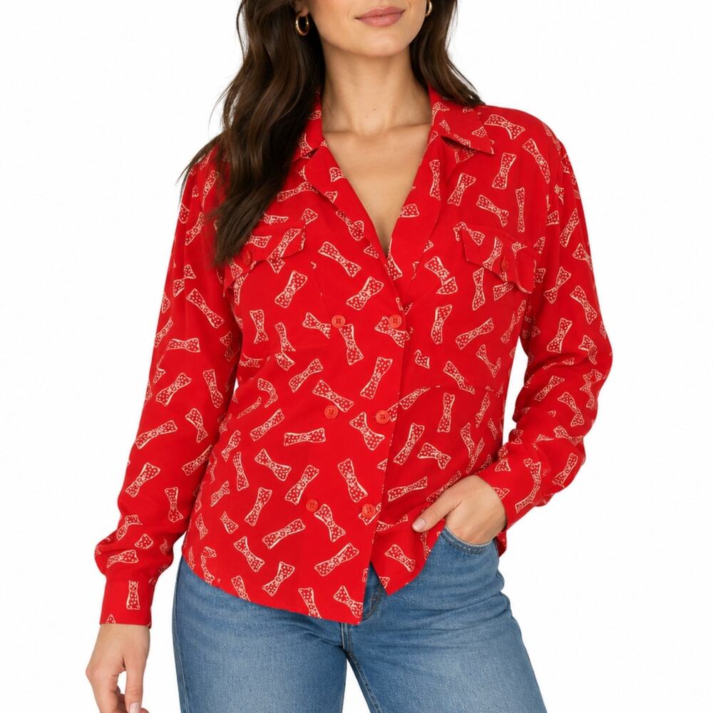 1970s Vintage Red Silk Button Down Bow Print Collared Blouse Size 6 Small